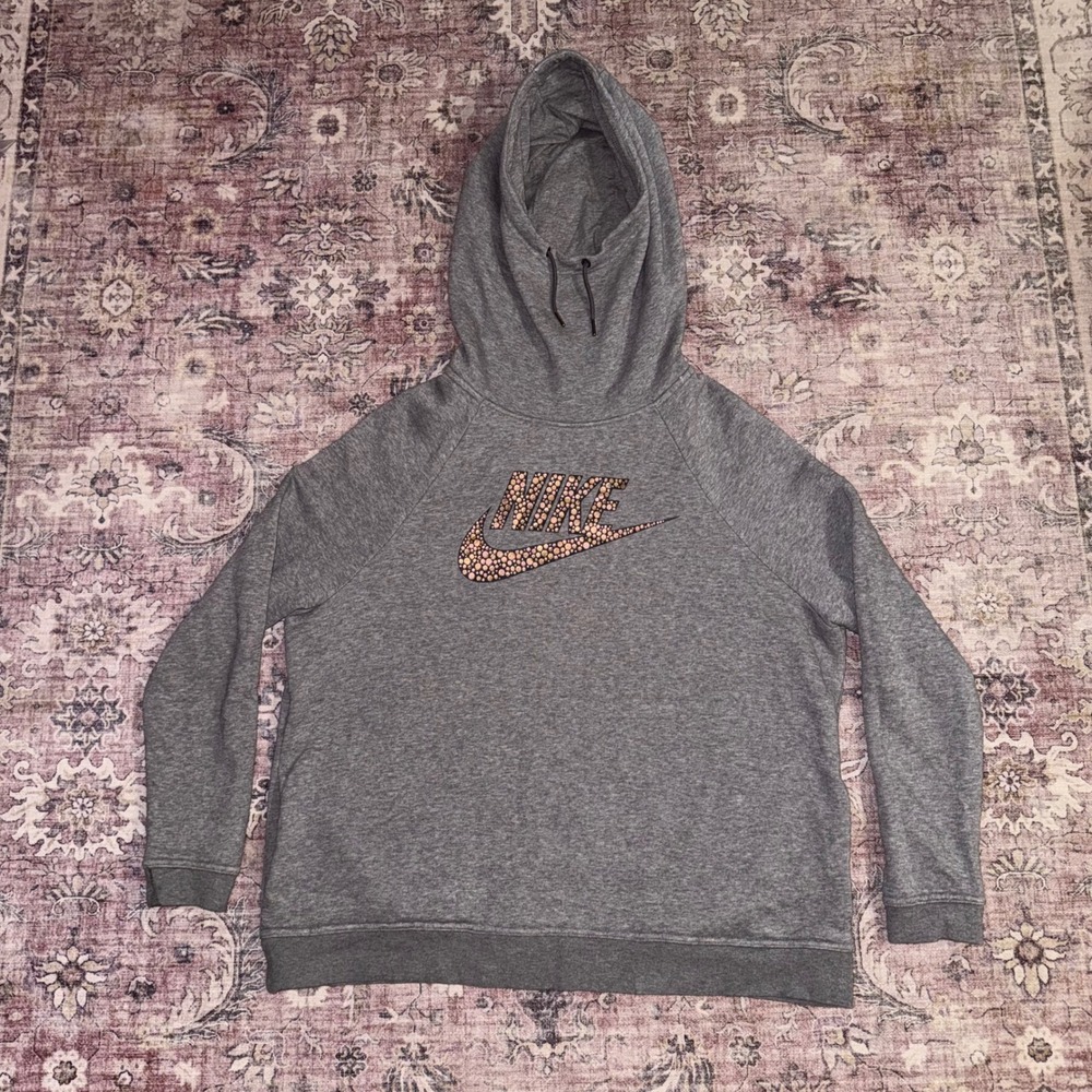 Nike Women's Rally Metallic Graphic Funnel Neck Hoodie Gray Size XL 829634-091 - Picture 2 of 8
